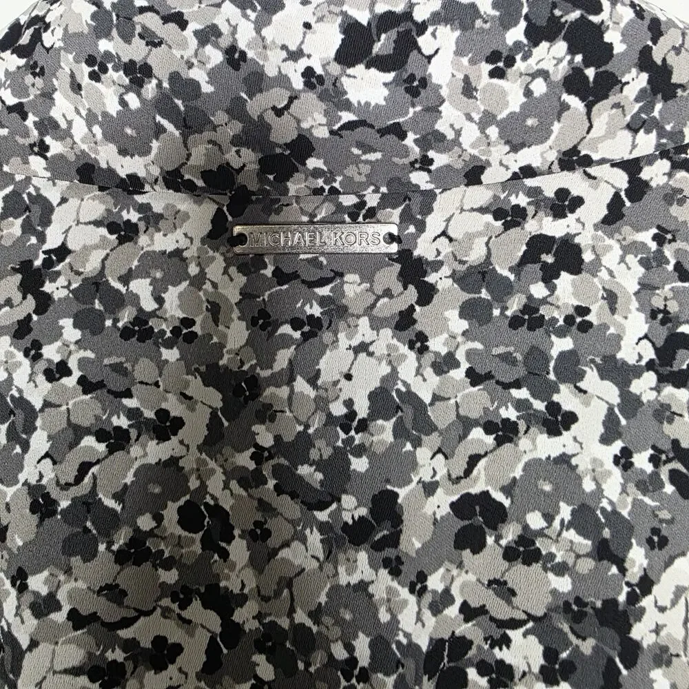 Michael Kors Womens XL Black Gray Floral V Neck Button Blouse Top Long Sleeve